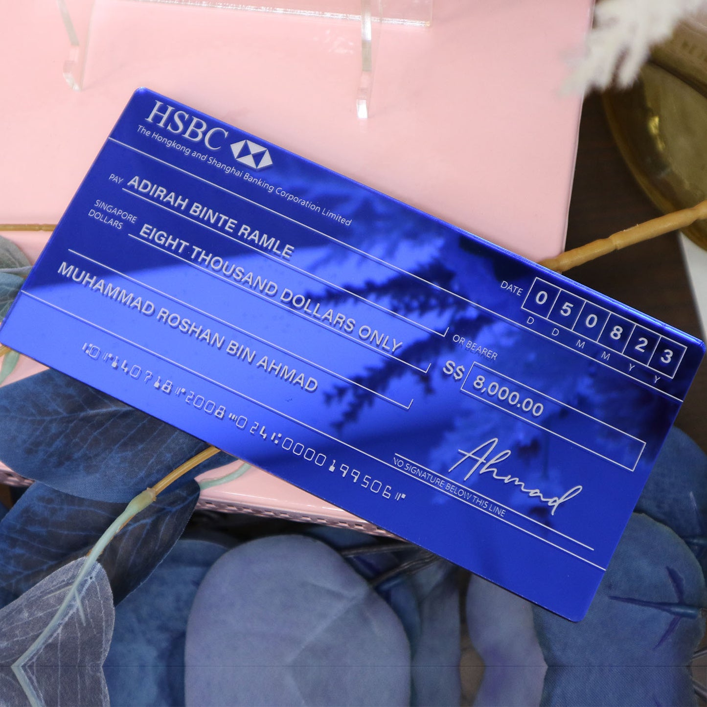 Electric Blue Mirror (White Printed Text) Mock up Acrylic Cheque