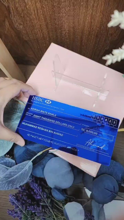 Electric Blue Mirror (White Printed Text) Mock up Acrylic Cheque
