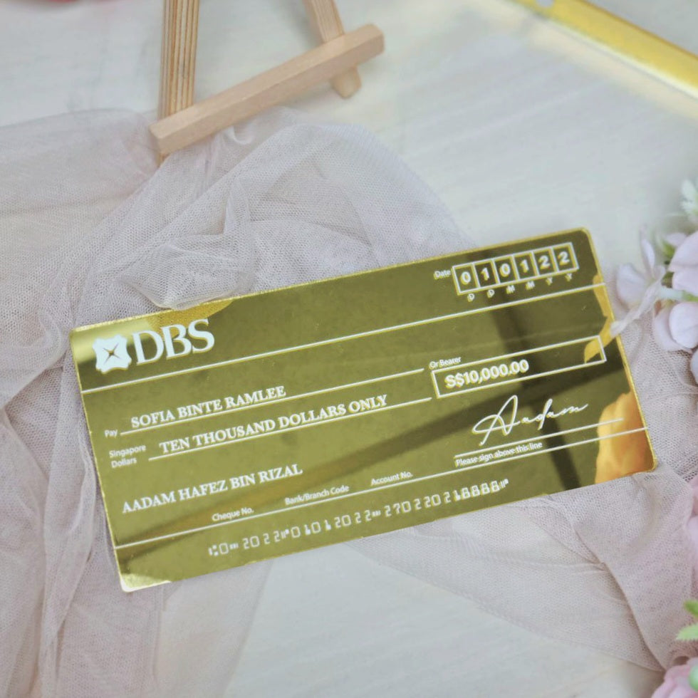 Gold Mirror (White Printed Text) Mock Up Cheque